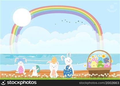 Spring time with bunny hunting Easter eggs by the sea,Vector illustration holiday background, Cute cartoon rabbits playing on sand beah with blue sky cloud and rainbow in sunny day