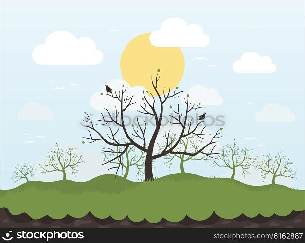 Spring tree and birds. Vector illustration
