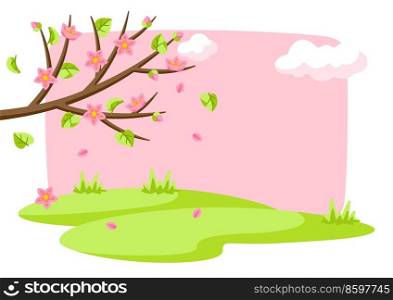 Spring tree branch with flowers and leaves. Seasonal nature illustration.. Spring tree branch with flowers and leaves. Seasonal illustration.