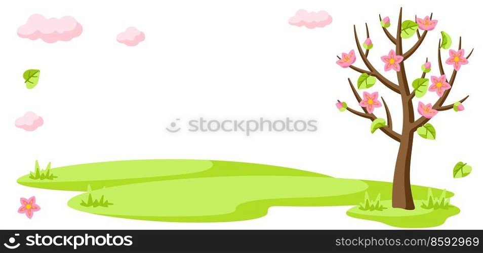 Spring tree with flowers and leaves. Seasonal nature illustration.. Spring tree with flowers and leaves. Seasonal illustration.