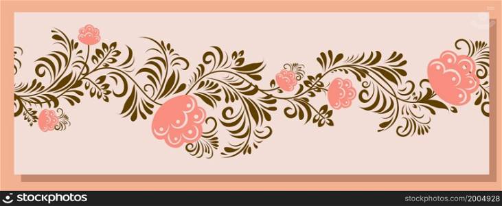 Spring trend pattern. Seamless border for printing on fabric and textile design. Fashionable print for paper in ethnic style. Vector illustration. Pink color.. Spring trend pattern. Seamless border for printing on fabric and textile design. Fashionable print for paper in ethnic style. Vector illustration. Pink color