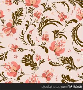 Spring trend pattern. Seamless pattern for printing onto fabric and textile design. Fashionable print for paper in ethnic style. Vector illustration. Pink color.. Spring trend pattern. Seamless pattern for printing onto fabric and textile design. Fashionable print for paper in ethnic style. Vector illustration. Pink color