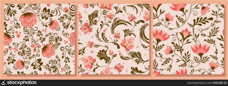 Spring trend pattern. Seamless pattern for printing onto fabric and textile design. Fashionable print for paper in ethnic style. Vector illustration. Pink color.. Spring trend pattern. Seamless pattern for printing onto fabric and textile design. Fashionable print for paper in ethnic style. Vector illustration. Pink color