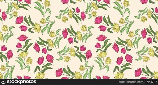 Spring tulips flower, seamless pattern for textile vector background. Spring yellow and red tulips flower, seamless pattern for textile vector background