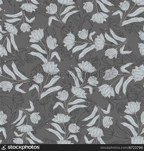 Spring tulips flower, seamless pattern for textile vector background. Spring tulips flower, gray color seamless pattern for textile vector background