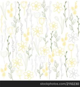 Spring vector background with tulips and daffodils.