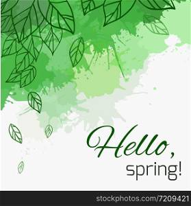 Spring vector card with doodle leaves and green blobs for postcard, flyers, brochures and your business. Spring vector card with doodle leaves and green blobs for postca