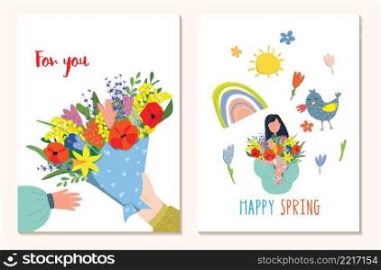 Spring vector postcard. Bouquet of flowers.Drawings for a postcard, poster, banner or social media post. Square postcards. Mothers Day. Happy Spring. Spring vector postcard. Bouquet of flowers.Drawings for a postcard, poster, banner or social media post. Mothers Day. Happy Spring