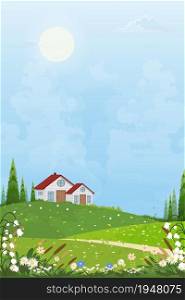 Spring village with a farmhouse and bright light on the sunny day,Vector Summertime landscape of farm field, hill, blue sky with cloudy at the countryside, Vertical Beautiful Natural background banner