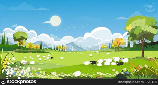 Spring village with goats, sheep and windmills on hills with blue sky and clouds,Vector cartoon Natural rural of Spring, Summer landscape,Countryside with Organic farm fields, Eco friendly concept