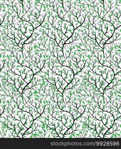 Spring weaving branches with green leaves seamless pattern. Flowering curved twigs, delicate botany in summer. Greenery of shrubs in forest or woods. Background or print, vector in flat style. Green shoots with leaves, spring branches with foliage