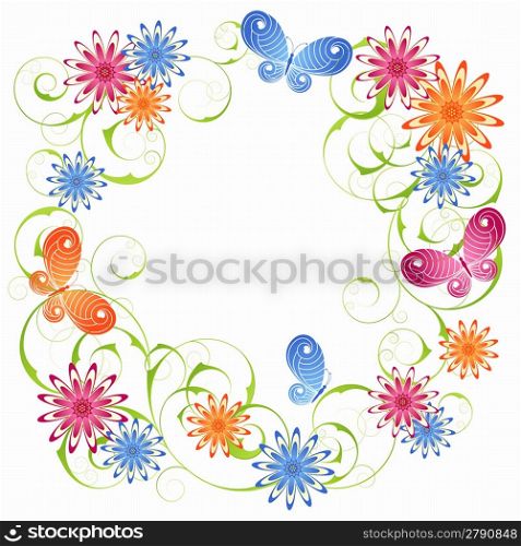 Spring white background with flowers and butterflies