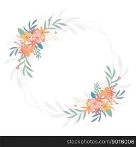 Spring wildflowers wreath. Delicate floral round frame with empty space. Circular template with flowers and herbs for invitation, postcard, congratulations, brochure, banner and design. Summer botanical rustic design, vector illustration. Spring wildflowers wreath