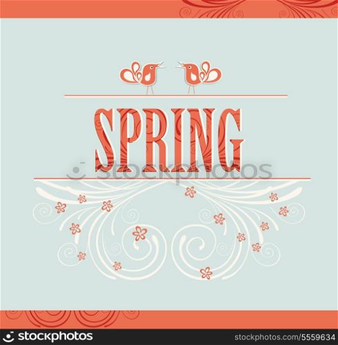 Spring word, flowers and birds, vector