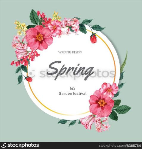 Spring wreath frame fresh flowers, decor card with floral colorful garden, wedding, invitation, watercolor vector illustration design