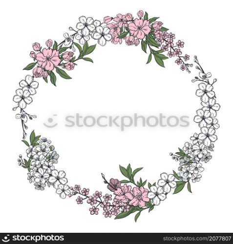 Spring wreath with hand drawn flowers. Vector illustration.. Spring ?herry and apple flowers. Vector illustration.