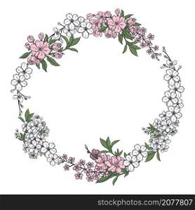 Spring wreath with hand drawn flowers. Vector illustration.. Spring ?herry and apple flowers. Vector illustration.