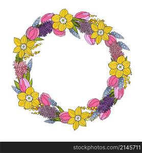 Spring wreath with hand drawn flowers. Vector sketch illustration.. Tulips and hyacinths. Vector sketch illustration.