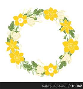 Spring wreath with tulips and daffodils. Vector illustration.