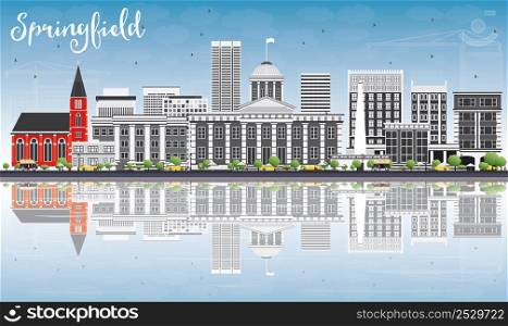 Springfield Skyline with Gray Buildings, Blue Sky and Reflections. Vector Illustration. Business Travel and Tourism Concept with Modern Buildings. Image for Presentation Banner Placard and Web Site.