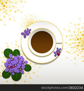 Springtime African Violet with Cup of Coffee Background