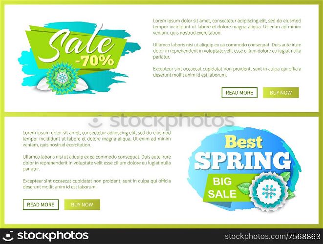 Springtime blooming flowers, big sale offer, discounts 70 percent off on brush strokes, advertisement cards. Shop clearance labels on vector web posters. Springtime Blooming Flowers, Sale Offer, Discounts
