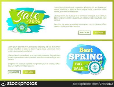 Springtime blooming flowers, big sale offer, discounts 70 percent off on brush strokes, advertisement cards. Shop clearance labels on vector web posters. Springtime Blooming Flowers, Sale Offer, Discounts