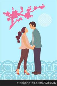 Springtime, blooming sakura and cartoon characters male and female standing and gently hugging each other. Couple in love going to kiss, lady and guy. Springtime, Blooming Sakura and Cartoon Characters