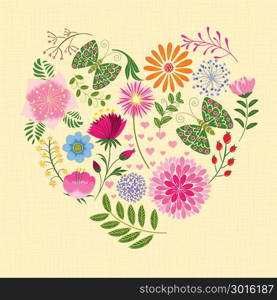 Springtime Colorful Flower and Butterfly in Heart Shape