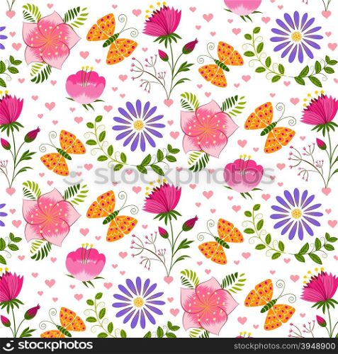 Springtime Colorful Flower and Butterfly Seamless Pattern Background