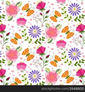 Springtime Colorful Flower and Butterfly Seamless Pattern Background