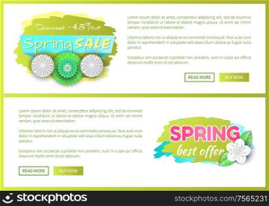 Springtime flower in bloom on sale label, promo advert certificate or voucher. Spring best offer reduction of price vector web poster with text template.. Springtime Flower Blossom Sale Label, Promo Advert