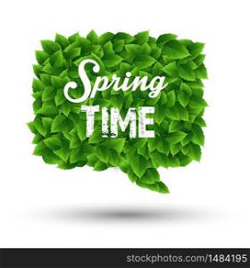 Springtime greeting in a speech bubble of green leaves.Vector