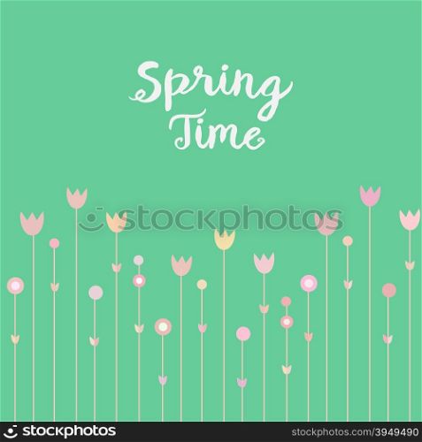 Springtime pink flowers on mint green background. Simple and cure card design, vector illustration.