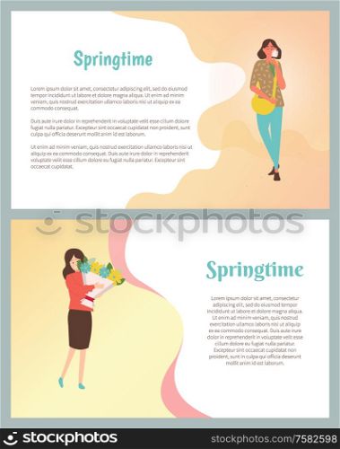 Springtime posters set, pretty girl in fashion cloth with white tulip cartoon characters. Vector woman with present on 8 March or birthday party, females. Springtime Posters Set, Pretty Girl Fashion Cloth