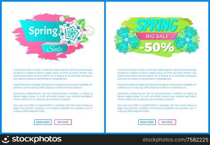 Springtime sale, web poster template, place for text and big discounts. Vector voucher with 50 percent price of super offer, advertisement shopping leaflet. Springtime Sale, Web Poster Template, Add Text