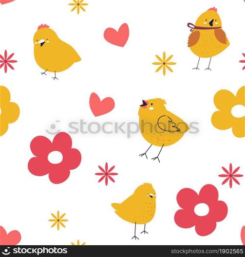 Springtime seamless pattern of chirping bird or yellow chicken, hearts and flourishing flowers. Decorative lines and cute background. Print or greeting card for children. vector in flat style. Chirping bird or small chicken hearts and flowers