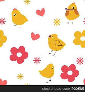 Springtime seamless pattern of chirping bird or yellow chicken, hearts and flourishing flowers. Decorative lines and cute background. Print or greeting card for children. vector in flat style. Chirping bird or small chicken hearts and flowers