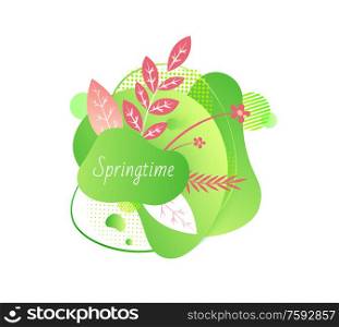 Springtime vector, isolated banner with greenery and spring branches variety of plants and vegetation, biodiversity on abstract design flat style. Springtime Floral Decoration on Banner with Flora