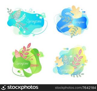 Springtime vector, isolated banners set with decor, floral branches with foliage and blooming plants, renewal of nature, abstract design in flat style. Springtime Banners Set with Floral Decoration