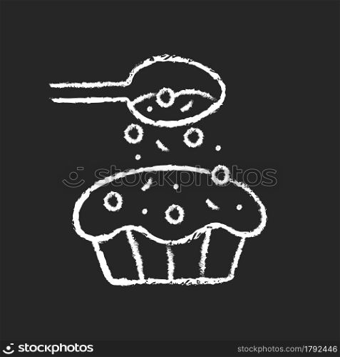 Sprinkle for baking chalk white icon on dark background. Pouring topping from spoon on cupcake. Dessert recipe. Cooking instruction. Food preparation. Isolated vector chalkboard illustration on black. Sprinkle for baking chalk white icon on dark background