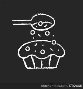 Sprinkle for baking chalk white icon on dark background. Pouring topping from spoon on cupcake. Dessert recipe. Cooking instruction. Food preparation. Isolated vector chalkboard illustration on black. Sprinkle for baking chalk white icon on dark background