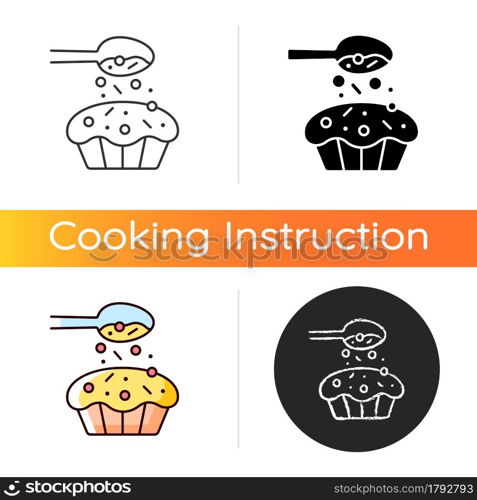 Sprinkle for baking icon. Pouring topping from spoon on cupcake. Dessert recipe. Cooking instruction. Food preparation process. Linear black and RGB color styles. Isolated vector illustrations. Sprinkle for baking icon