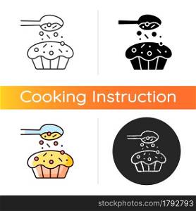 Sprinkle for baking icon. Pouring topping from spoon on cupcake. Dessert recipe. Cooking instruction. Food preparation process. Linear black and RGB color styles. Isolated vector illustrations. Sprinkle for baking icon
