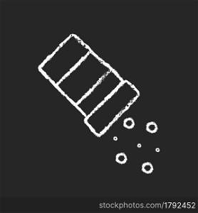 Sprinkle salt chalk white icon on dark background. Seasoning dish with pepper. Pouring condiment. Cooking instruction for recipe. Food preparation. Isolated vector chalkboard illustration on black. Sprinkle salt chalk white icon on dark background