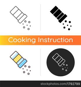 Sprinkle salt icon. Seasoning dish with pepper. Pouring condiment. Cooking instruction for recipe. Food preparation process. Linear black and RGB color styles. Isolated vector illustrations. Sprinkle salt icon