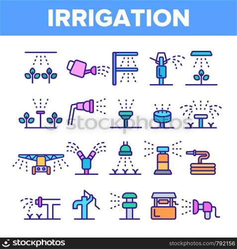 Sprinklers, Irrigation Technology Vector Linear Icons Set. Water Sprinklers Outline Symbols Pack. Garden, Field Watering Modern System. Lawn Automatic Sprayer Isolated Contour Illustrations. Sprinklers, Irrigation Technology Vector Linear Icons Set