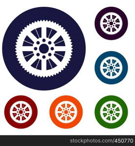 Sprocket from bike icons set in flat circle reb, blue and green color for web. Sprocket from bike icons set