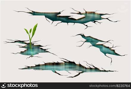 Sprout growing through ground crack with water inside, earthquake cracking holes, ruined land surface crushed texture. Destruction, split damage fissure after disaster Realistic 3d vector illustration. Sprout growing through ground crack with water