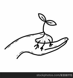 Sprout in hand. Vector icon in doodle style. Growing plants and gardening.